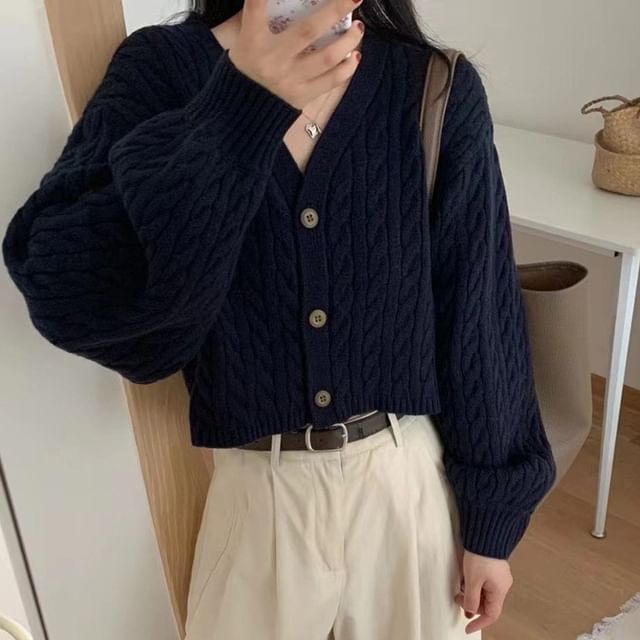 Happo-V-Neck Plain Cable Knit Cropped Cardigan