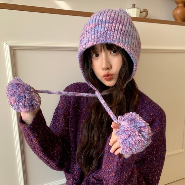 HARPY-Pom Pom Melange Knit Beanie