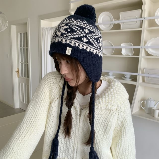 HARPY-Pom Pom Patterned Knit Trapper Hat