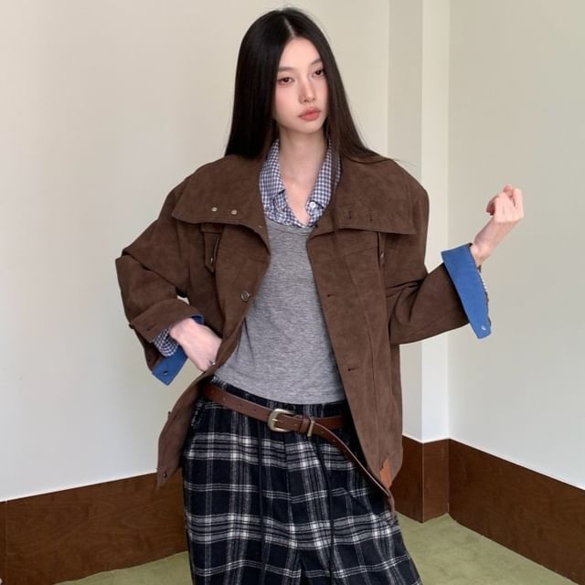 haruokiea-Collared Plain Faux Suede Button Jacket