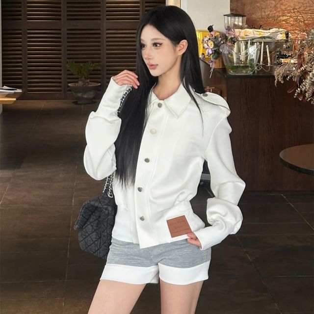 haruokiea-Collared Plain Single Breasted Jacket Mid Rise Two Tone Shorts