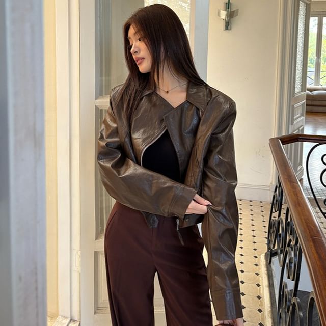 haruokiea-Collared Zip-Up Plain Faux Leather Crop Jacket