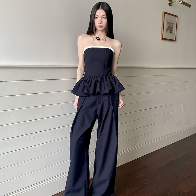 haruokiea - Contrast Trim Peplum Tube Top / High Rise Plain Wide Leg ...