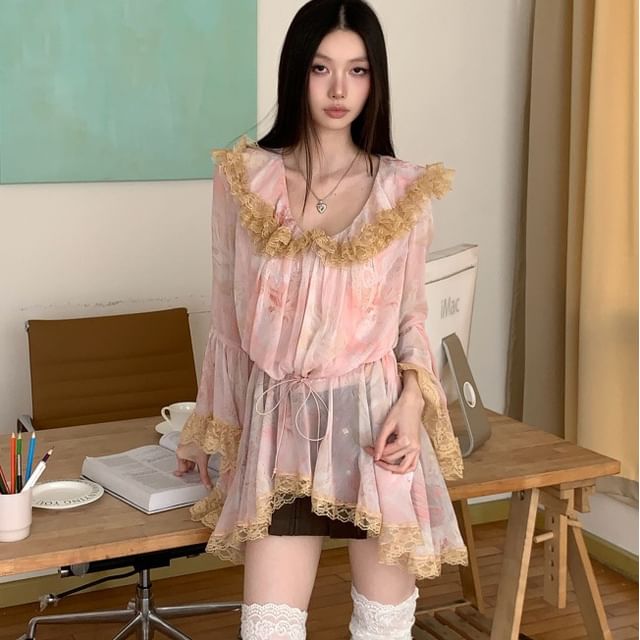 haruokiea-Flared-Cuff Ruffle Tie-Dyed Blouse