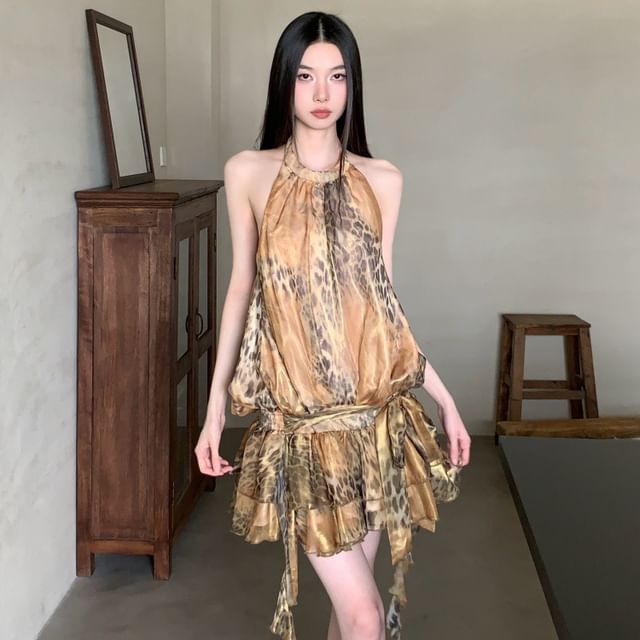 haruokiea-Halter Leopard Print Mini A-Line Dress