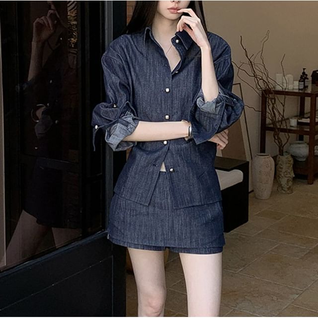 haruokiea-Long-Sleeve Button-Up Plain Shirt Mini Skort