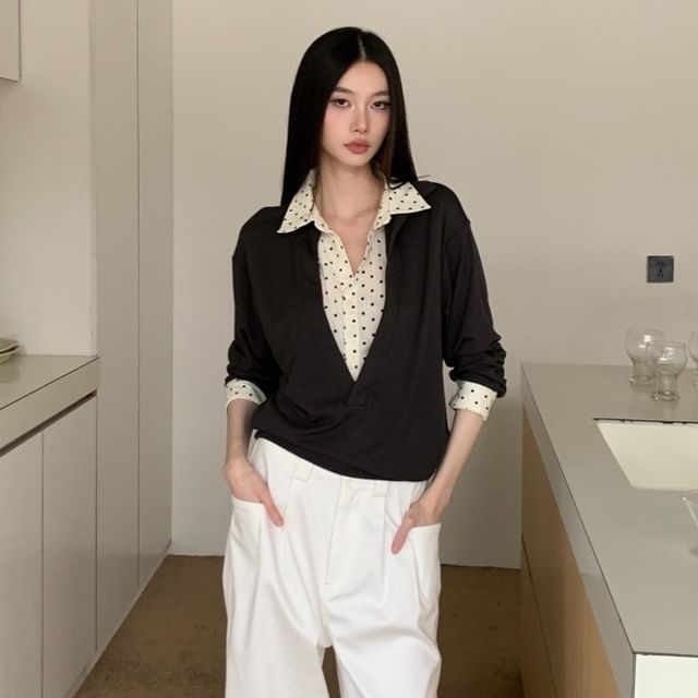 haruokiea-Long-Sleeve Collar Dotted Mock Two-Piece Tee
