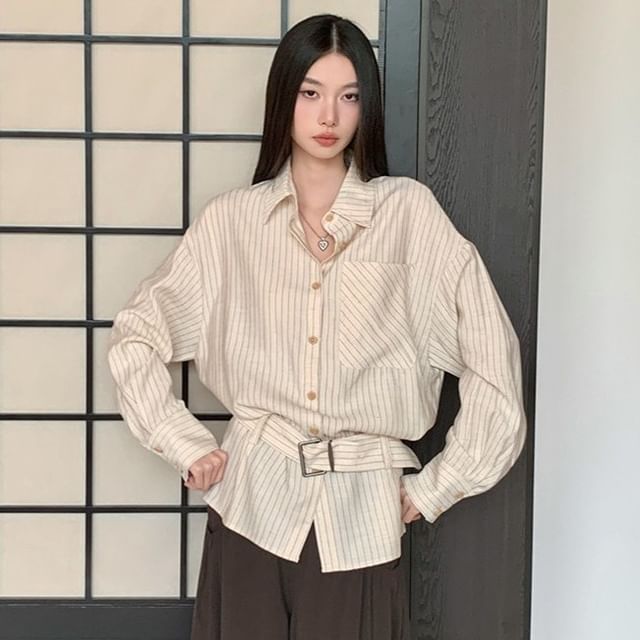 haruokiea-Long Sleeve Collared Striped Belted Button Up Shirt