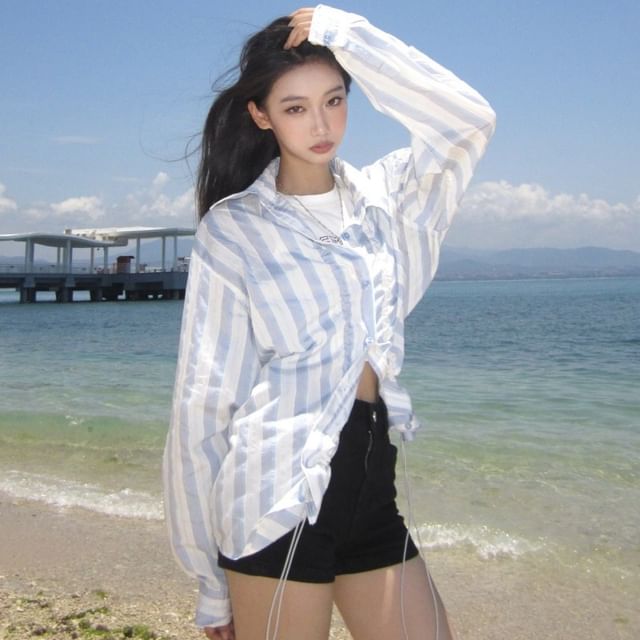haruokiea-Long Sleeve Collared Striped Drawstring Shirt
