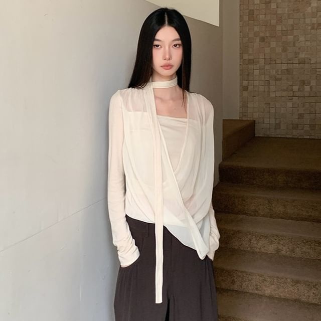 haruokiea-Long Sleeve Plain Mock Two Piece Panel Mesh Wrap Top