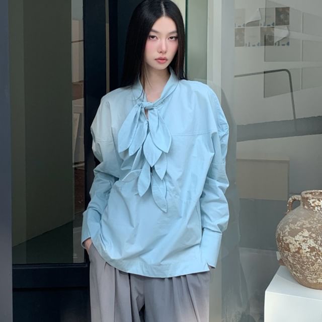 haruokiea-Long-Sleeve Tie-Neck Plain Keyhole Blouse