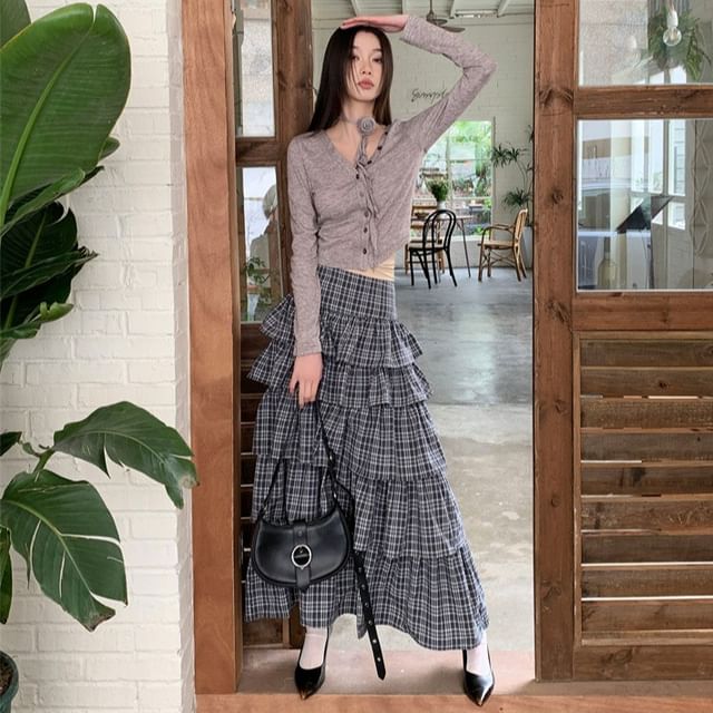 haruokiea-Long-Sleeve V-Neck Plain Button Up Top