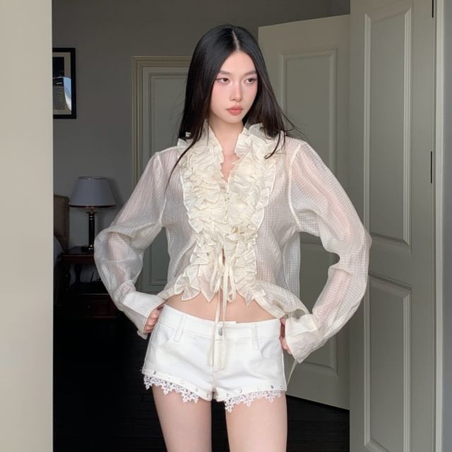 haruokiea-Long Sleeve V-Neck Plain Ruffle Blouse