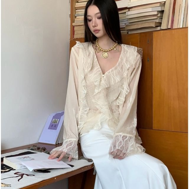 haruokiea-Long Sleeve V-Neck Plain Ruffle Panel Mesh Blouse