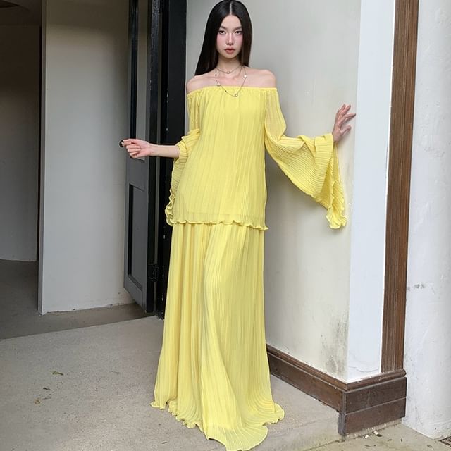 haruokiea-Off-Shoulder Flared-Cuff Plain Blouse High Waist Maxi A-Line Skirt