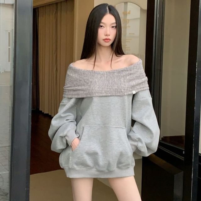 haruokiea-Off-Shoulder Melange Hoodie