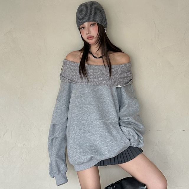 haruokiea-Off Shoulder Panel Hoodie