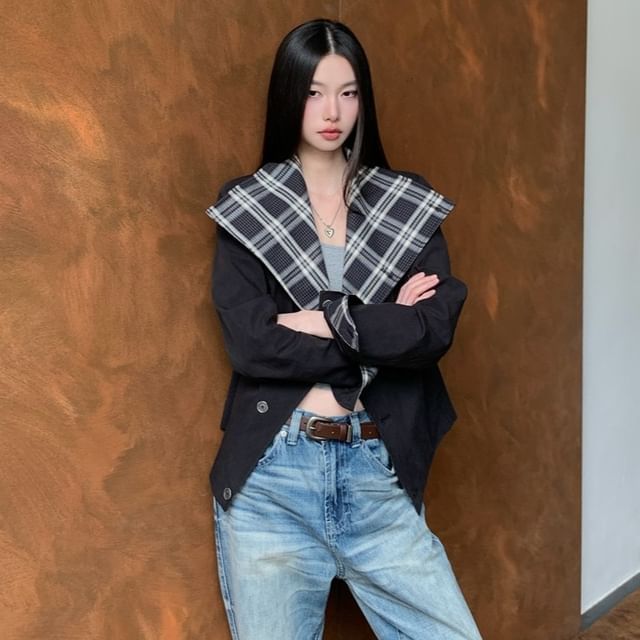 haruokiea-Plaid Lining Zip-Up Jacket