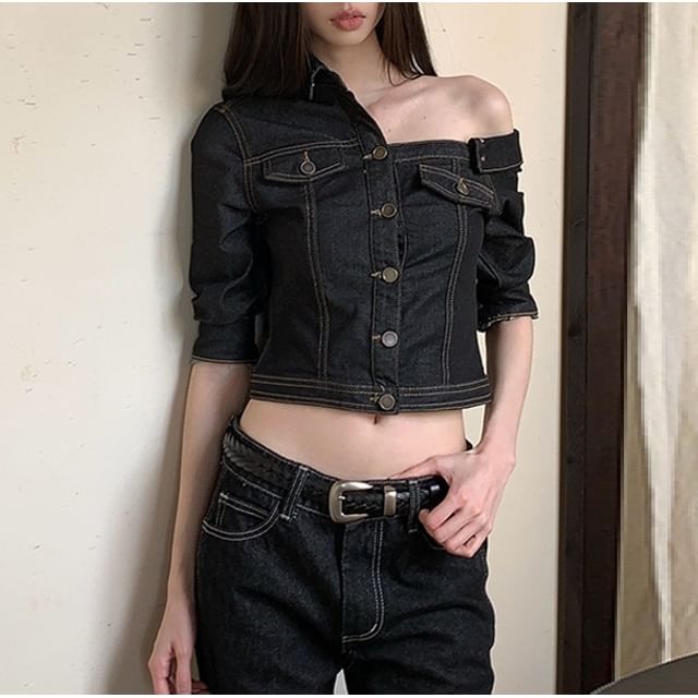 haruokiea-Short-Sleeve Button-Up Crop Denim Shacket