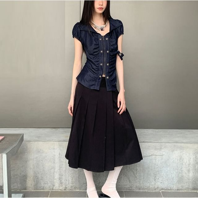 haruokiea-Short Sleeve Collared Plain Ruched Double Breasted Zip Top