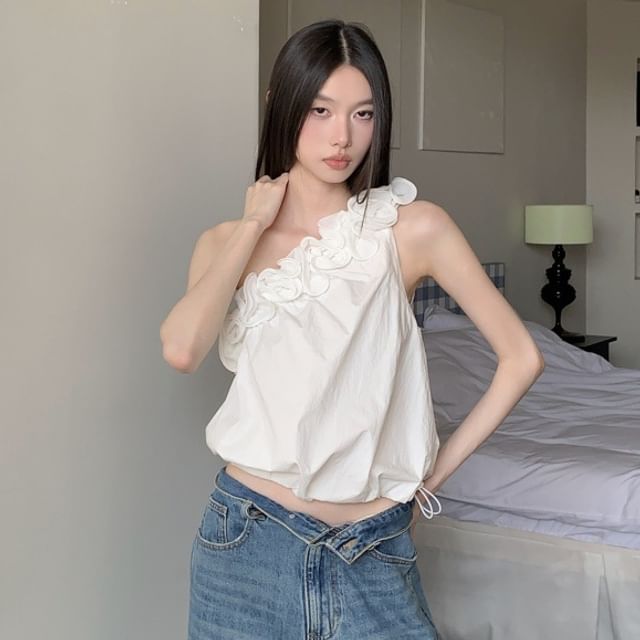 haruokiea-Sleeveless One Shoulder Plain Ruffle Drawstring Top