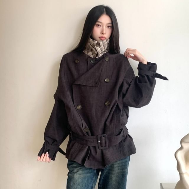haruokiea-Stand Collar Belted Double-Breasted Trench Jacket