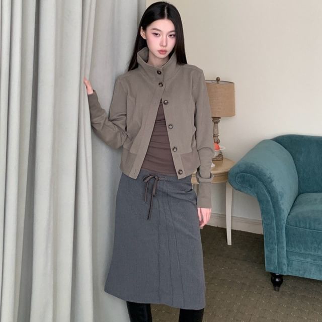 haruokiea-Stand Collar Button-Up Plain Crop Jacket