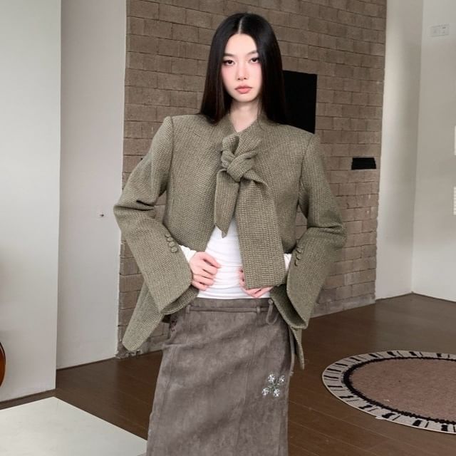 haruokiea-Stand Collar Melange Tie Front Jacket