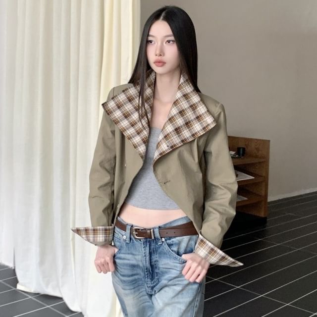haruokiea-Stand Collar Plaid Panel Button-Up Jacket
