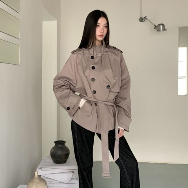 haruokiea-Stand Collar Plain Button Belted Trench Jacket