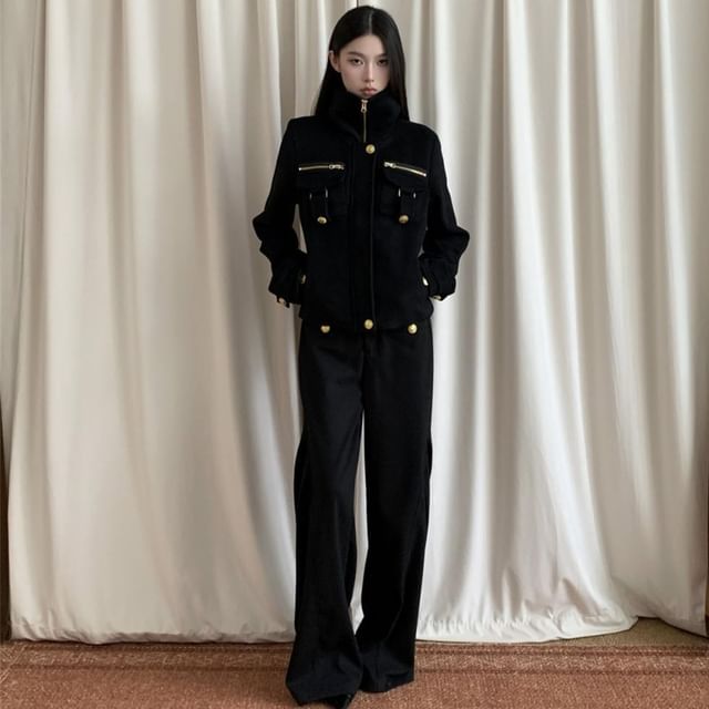 haruokiea-Stand Collar Plain Flap Pocket Zip Jacket High Rise Plain Wide Leg Slacks