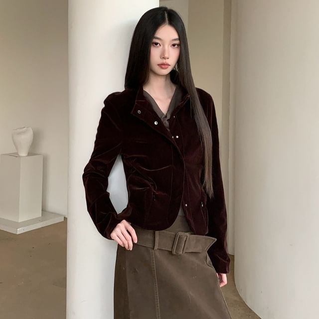 haruokiea-Velvet Button-Up Plain Jacket