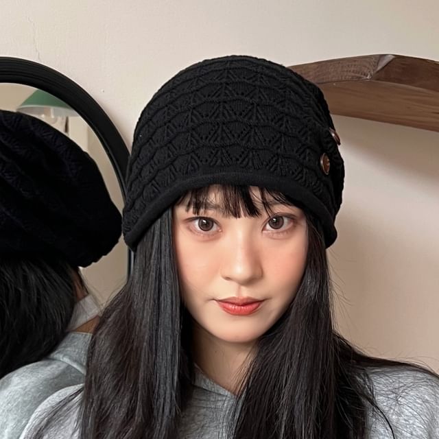 Hatrix-Button Detail Crochet Lace Knit Beanie