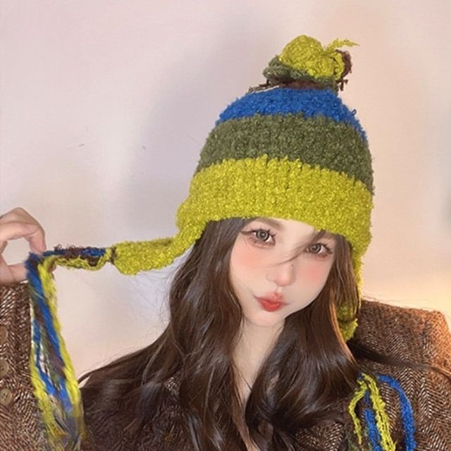 Hatrix-Color Block Fringed Knit Trapper Hat