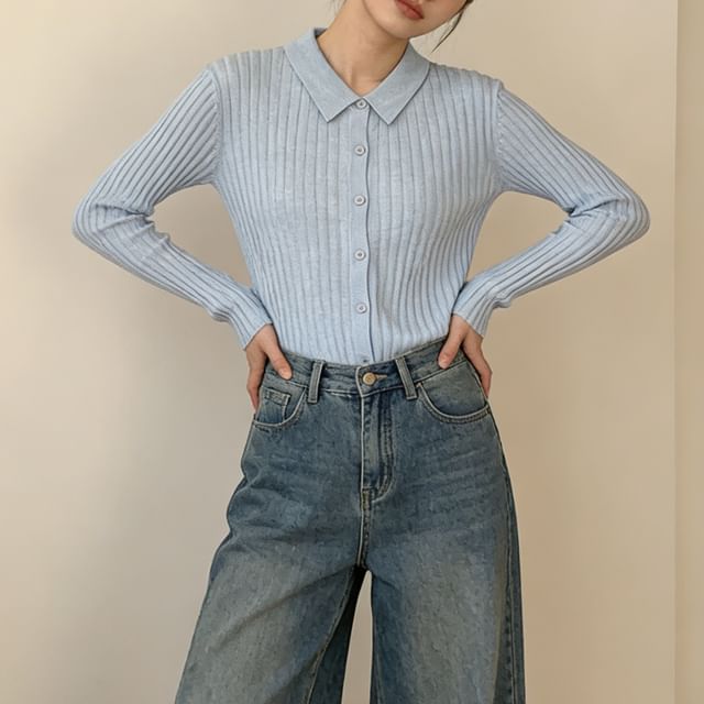 Heiti-Collared Button-Up Plain Cardigan