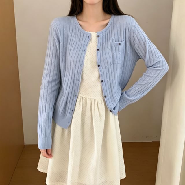 Heiti-Crew Neck Button-Up Plain Cable Knit Cardigan
