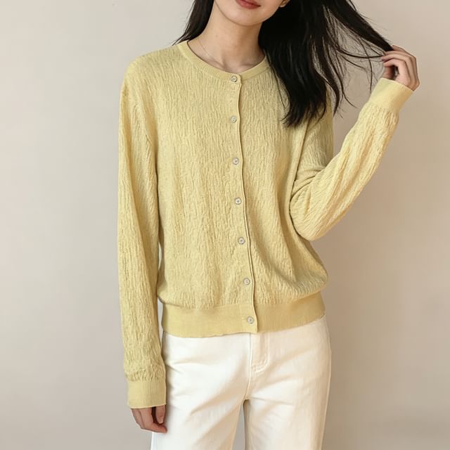 Heiti-Crew Neck Button-Up Plain Sheer Cardigan