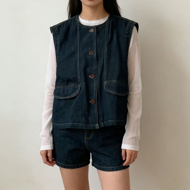 Heiti-Crewneck Button-Up Denim Vest