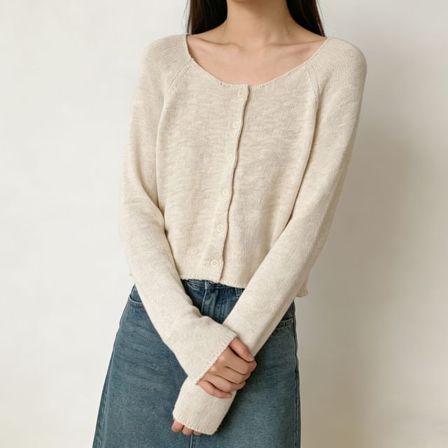 Heiti-Crewneck Button-Up Plain Cardigan