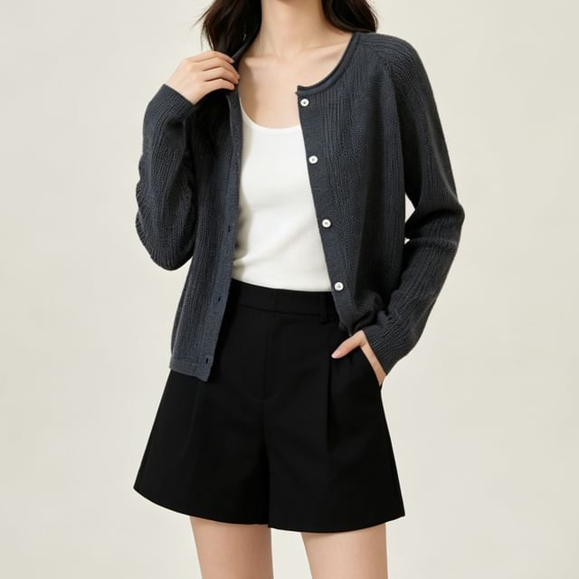 Heiti-Crewneck Button-Up Plain Cardigan