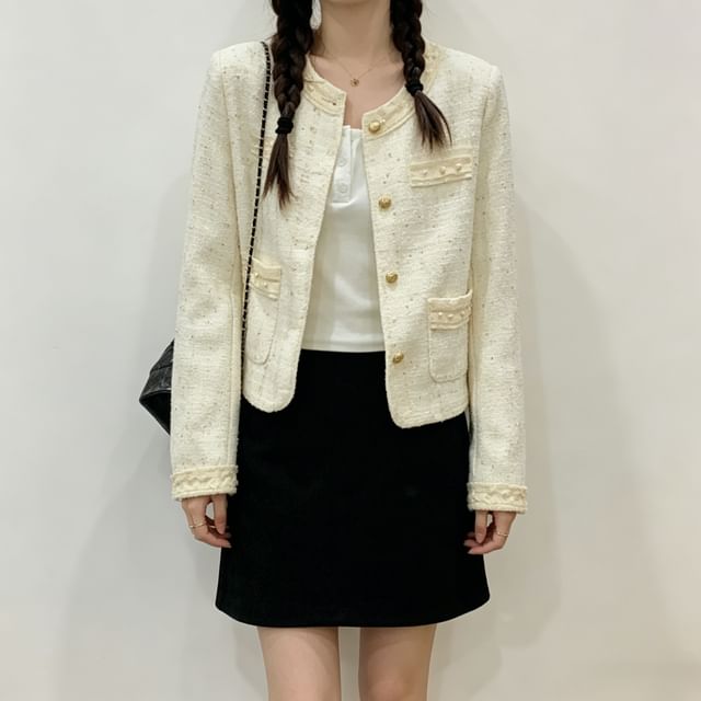 Heiti-Crewneck Plaid Button-Up Tweed Crop Jacket