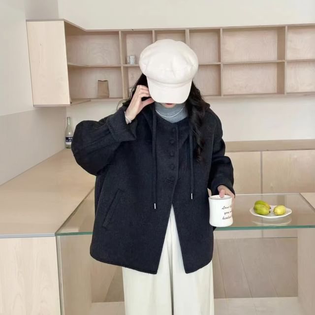 Heiti-Hooded Plain Button Up Coat
