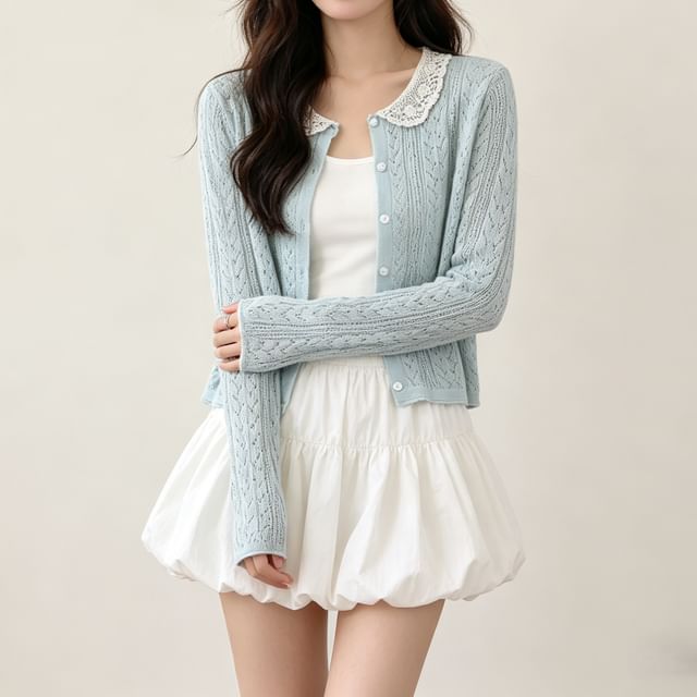 Heiti-Lace Collar Perforated Button-Up Cardigan
