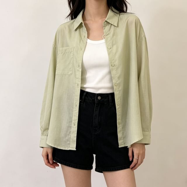 Heiti-Long-Sleeve Button-Up Plain Shirt