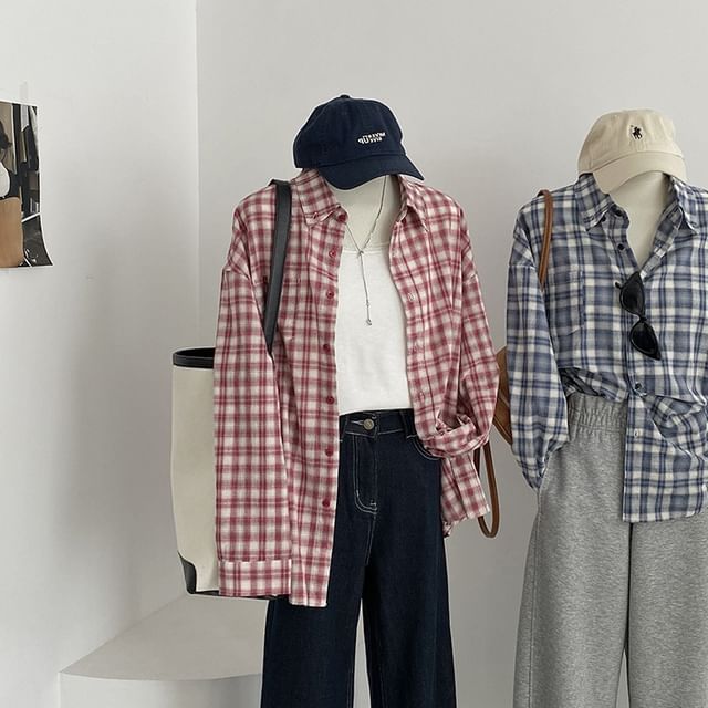 Heiti-Long-Sleeve Collared Plaid Button Up Shirt