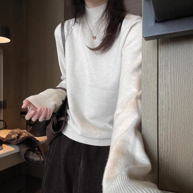 Heiti-Long Sleeve Mock Neck Plain Knit Top