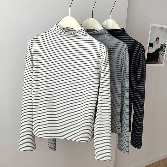 Heiti-Long Sleeve Mock Neck Striped Top