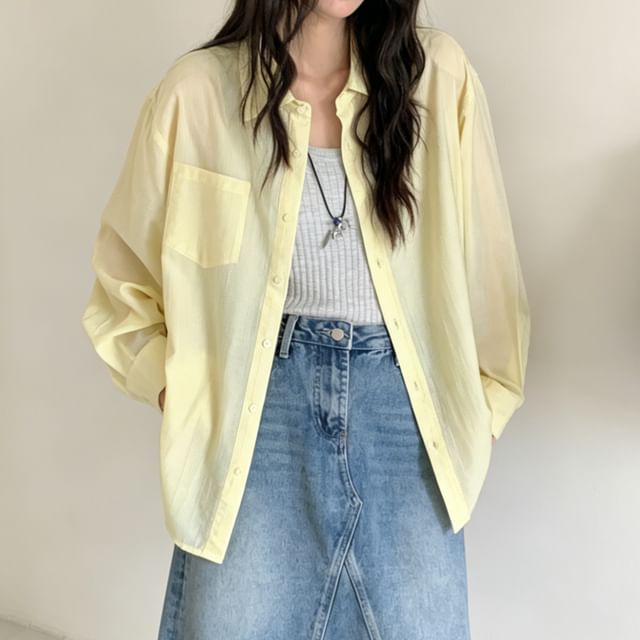 Heiti-Long-Sleeve Pocketed Plain Shirt