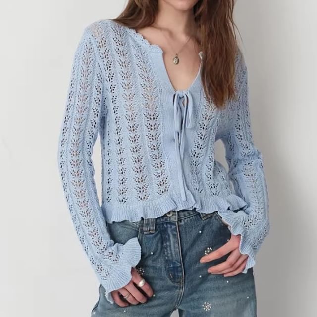Heiti-Perforated Plain Crop Cardigan
