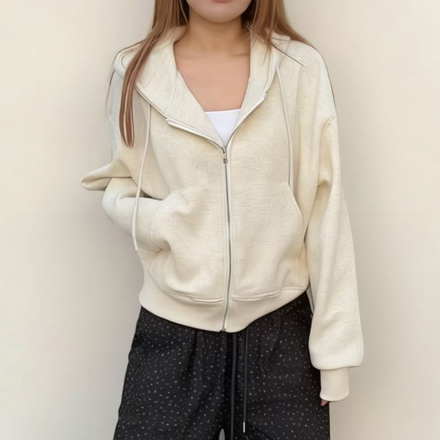 Heiti-Plain Crop Zip-Up Hoodie
